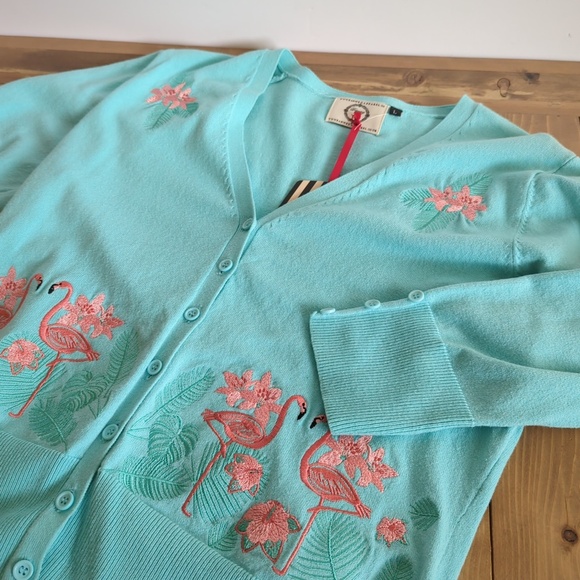 Banned Apparel Retro Rockabilly Teal Cardigan Sweater with Pink Flamingos - Picture 4 of 12